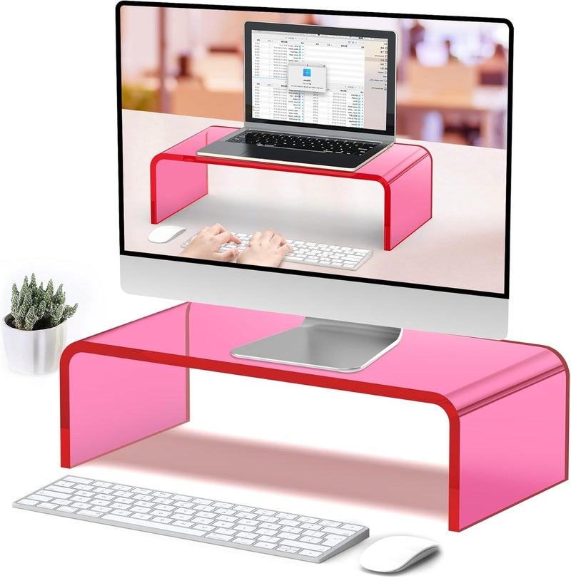 Beimu Acrylic Monitor Stand Riser Acrylic Laptop Stand for Desk Clear Computer Monitor Stand for Desk Accessories iMac Organizer Office Must-Haves Product for Working from Home Bright Pink - Image 1